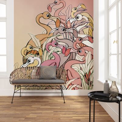 Vlies Fototapete - Flamingos and Lillys - Größe 200 x 280 cm