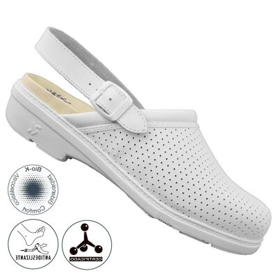 White leather sanitary clog with BIO-K strap