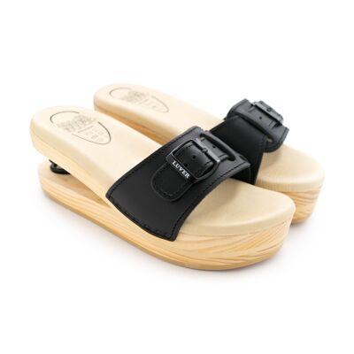 2103-A Black. Wooden sandal with spring