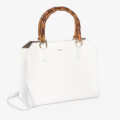 Sorrento - White Tote Handbag Italian Leather with Bamboo Handle