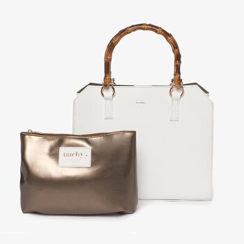 Sorrento - White Tote Handbag Italian Leather with Bamboo Handle 3