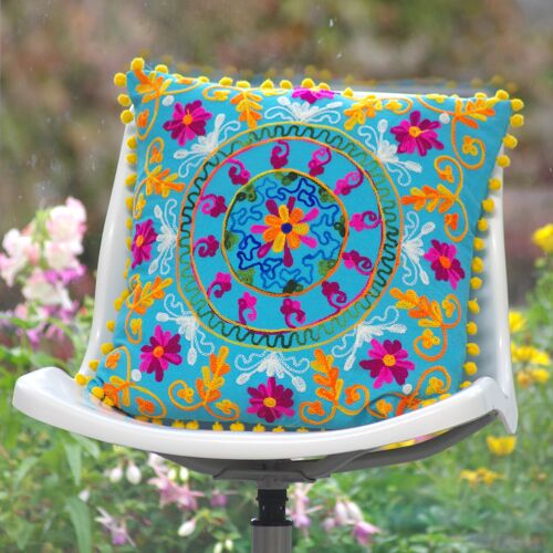 Suzani Woolen Embroidered Cotton Cushion Cover - Blue 18''