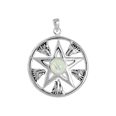 Pendentif Pentagramme Tête de Loup en Pierre de Lune Arc-en-Ciel