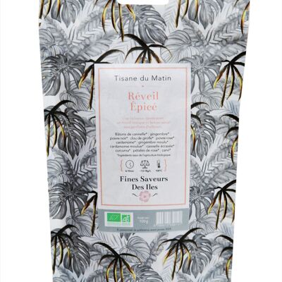 FINES SAVEURS DES ÎLES - Tisane exotique du matin Réveil Épicé BIO - Mélange d'épices (Gingembre, cannelle, curcuma, clou de girofle, etc.) - Boîte métal 100g