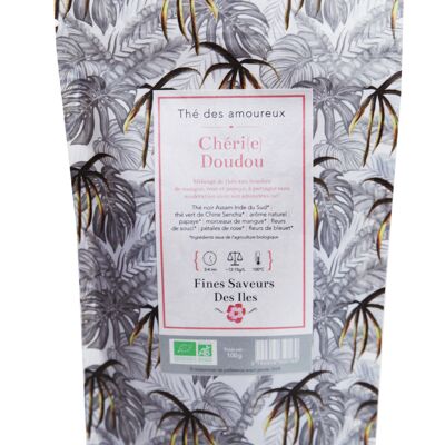 FINES SAVEURS DES ÎLES - Thé exotique des amoureux Chéri(e) Doudou BIO - Thé vert et noir mélange de mangue, papaye et de rose - sachet 100 g