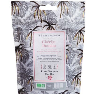FINE FLAVORS OF THE ISLANDS - Organic exotic tea for lovers Chéri(e) Doudou - Green and black tea blend of mango, papaya and rose - 100 g bag