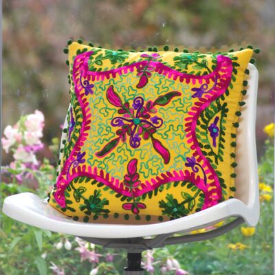 Housse de coussin en coton brodé de laine Suzani 18'' - Jaune