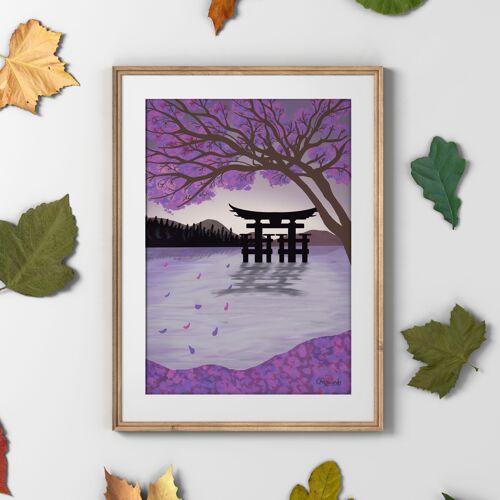Japanese water landscape with cherry blossom trees hand illustrated print