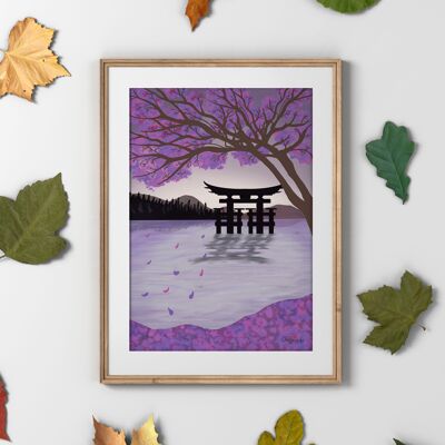 Paesaggio acquatico giapponese con alberi di ciliegio stampa illustrata a mano