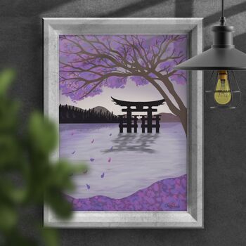 Paysage aquatique japonais avec impression illustrée à la main de cerisiers en fleurs 2