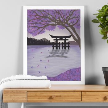 Paysage aquatique japonais avec impression illustrée à la main de cerisiers en fleurs 4