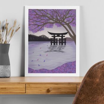 Paysage aquatique japonais avec impression illustrée à la main de cerisiers en fleurs 5