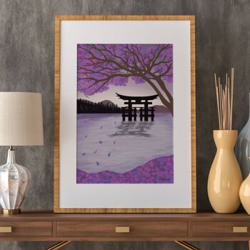 Paysage aquatique japonais avec impression illustrée à la main de cerisiers en fleurs 6