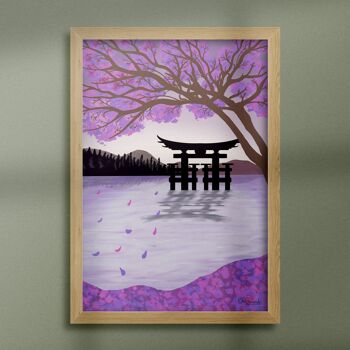 Paysage aquatique japonais avec impression illustrée à la main de cerisiers en fleurs 7