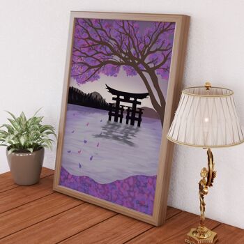 Paysage aquatique japonais avec impression illustrée à la main de cerisiers en fleurs 8