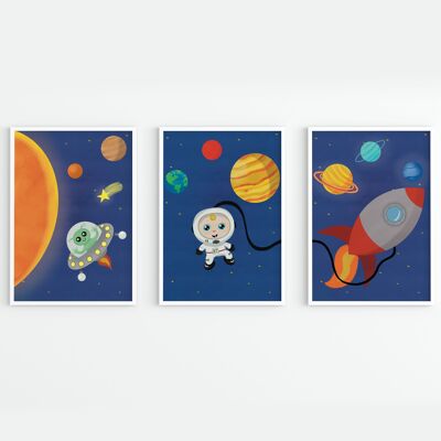 Set aus drei handillustrierten Kinderzimmerdrucken zum Thema Weltraum