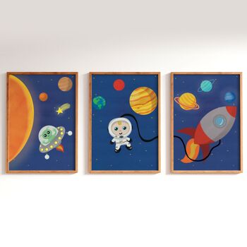 Ensemble de trois imprimés de pépinière sur le thème de l'espace illustrés à la main 6