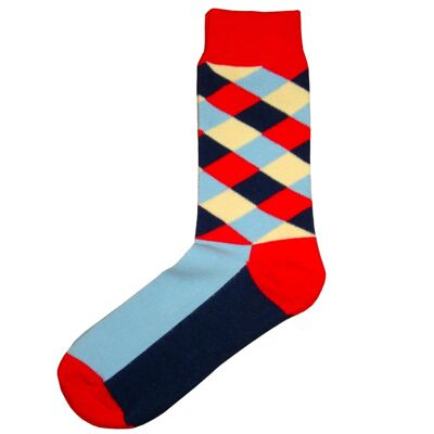 Diamond Check Socken - Rot, Marineblau, Beige und Blau