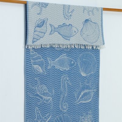 Asciugamano Hammam in cotone Bodrum, blu su bianco