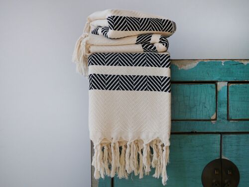 Chevron pattern natural cotton throw blanket - Black Striped