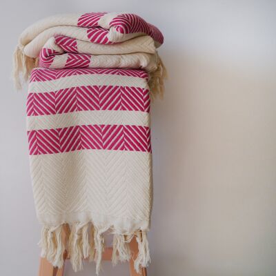 Manta de algodón natural estampado Chevron - Pink Striped