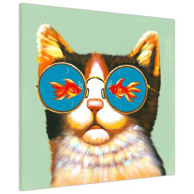 Cat Looking At Fish Canvas Picture Wall Art - 18mm - 16" X 16" (40CM X 40CM)