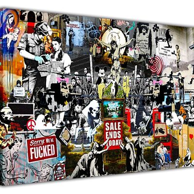 Banksy Collage Dark On Framed Canvas Print - 38mm - A4 - 12" X 8" (30cm X 20cm)