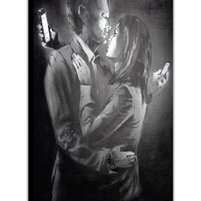 Banksy Phone Lovers On Framed Canvas Print - 18mm - A3 - 16" X 12" (40cm X 30cm)