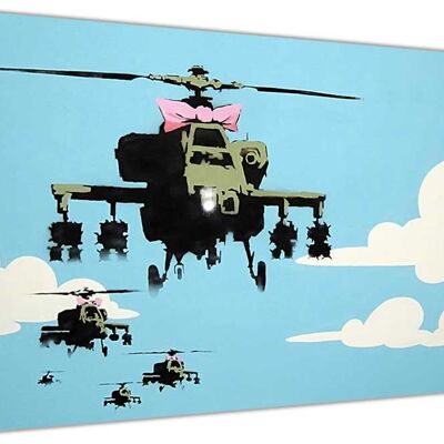 Banksy Helicopters With Pink Bowtie On Framed Canvas Print - 18mm - A4 - 12" X 8" (30cm X 20cm)