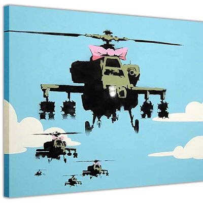 Banksy Helicopters With Pink Bowtie On Framed Canvas Print - 38mm - A4 - 12" X 8" (30cm X 20cm)
