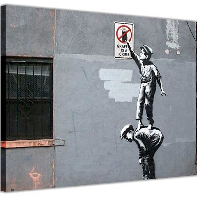 Children Stealing Sign By Banksy On Framed Canvas Print - 18mm - 30" X 20" (76cm X 50cm)
