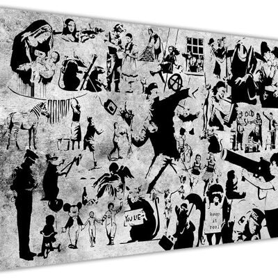 Banksy Collage Silhouette On Framed Canvas Print - 18mm - Black and White - 30" X 20" (76cm X 50cm)