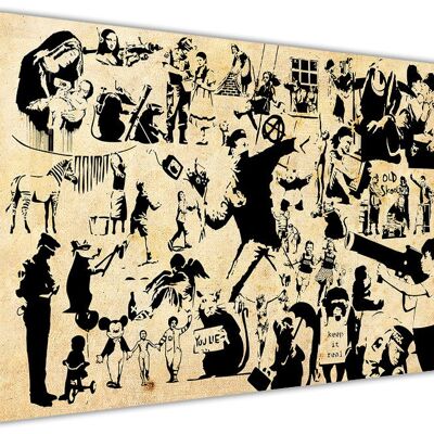 Banksy Collage Silhouette On Framed Canvas Print - 18mm - Brown - A4 - 12" X 8" (30cm X 20cm)