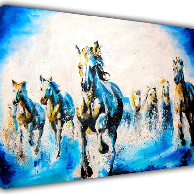 Beautiful Running Stallions Oil Painting Re-print On Framed Canvas Print - 18mm - A4 - 12" X 8" (30cm X 20cm) - Blue