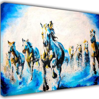 Beautiful Running Stallions Oil Painting Re-print On Framed Canvas Print - 38mm - A0+ 46" X 34" (116cm X 86cm) - Blue
