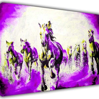 Beautiful Running Stallions Oil Painting Re-print On Framed Canvas Print - 18mm - A4 - 12" X 8" (30cm X 20cm) - Purple