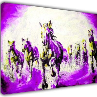 Beautiful Running Stallions Oil Painting Re-print On Framed Canvas Print - 18mm - A4 - 12" X 8" (30cm X 20cm) - Purple