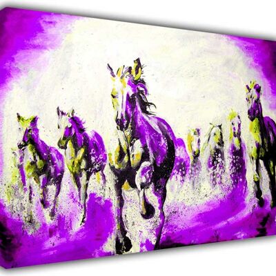 Beautiful Running Stallions Oil Painting Re-print On Framed Canvas Print - 18mm - A3 - 16" X 12" (40cm X 30cm) - Purple