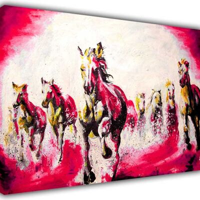 Beautiful Running Stallions Oil Painting Re-print On Framed Canvas Print - 18mm - A4 - 12" X 8" (30cm X 20cm) - Red
