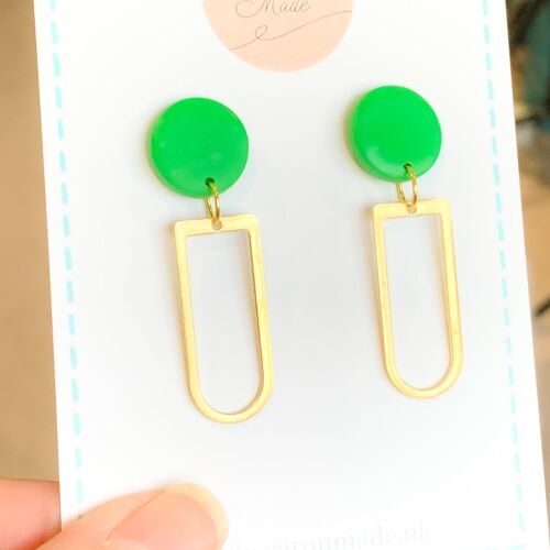 Bright green stud and brass drop earrings