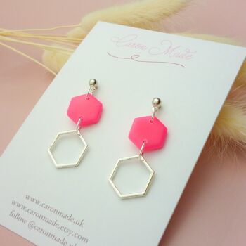 Boucles d'oreilles hexagonales rose vif et argent - Ball stud (comme sur la photo) 2