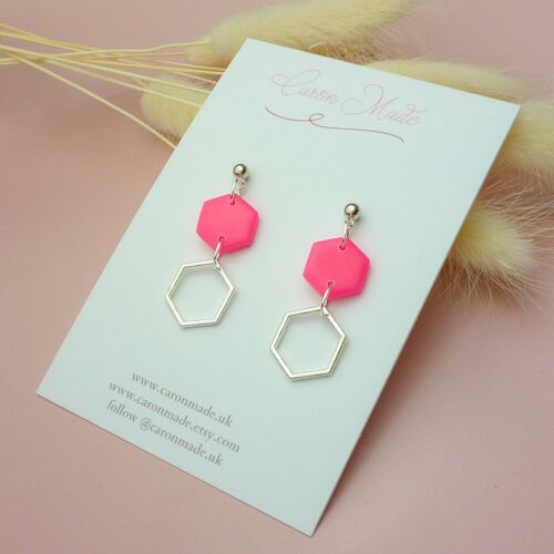 Hot pink and silver hexagon earrings - Silver plated hook