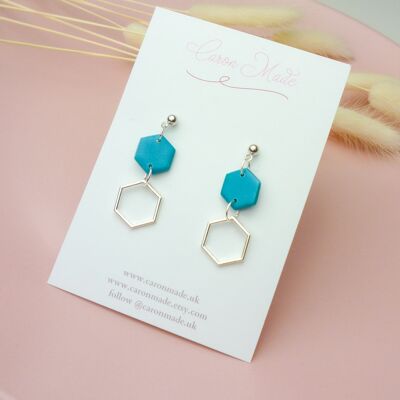 Boucles d'oreilles hexagone turquoise et argent - Crochet plaqué argent