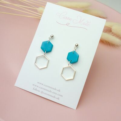 Turquoise and silver hexagon earrings - Steel ear post (will not be visible)