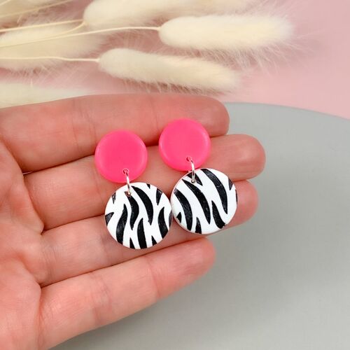 Hot pink zebra print drop earrings - Medium