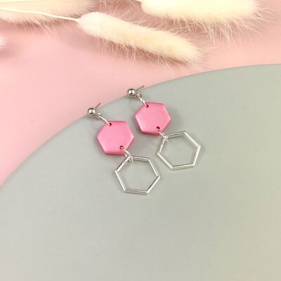Pink and silver hexagon earrings - Stainless steel ear post (won't be visible)