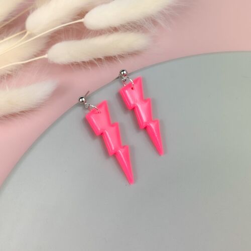 Hot pink lightning bolt earrings with silver ball stud - Silver plated ball stud