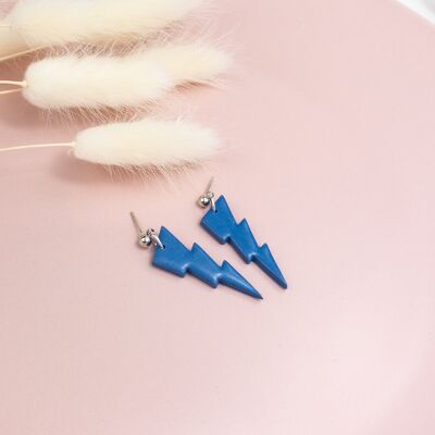 Blue lightning bolt earrings with silver ball stud - Silver plated ball stud