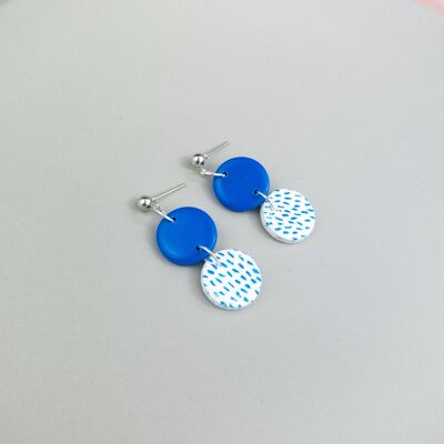 Blue and white mini drop earrings with ball stud - With silver ball stud