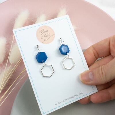 Blue and silver hexagon earrings